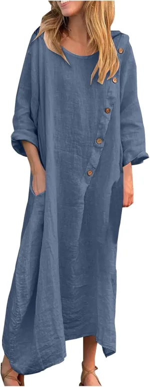 JOAU Women Cotton Linen Maxi Dress Casual Summer Long Sleeve Crew Neck Irregular Button A-Line Shirt Dresses with Pockets