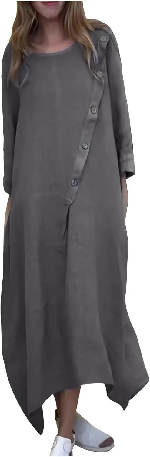 JOAU Women Cotton Linen Maxi Dress Casual Summer Long Sleeve Crew Neck Irregular Button A-Line Shirt Dresses with Pockets