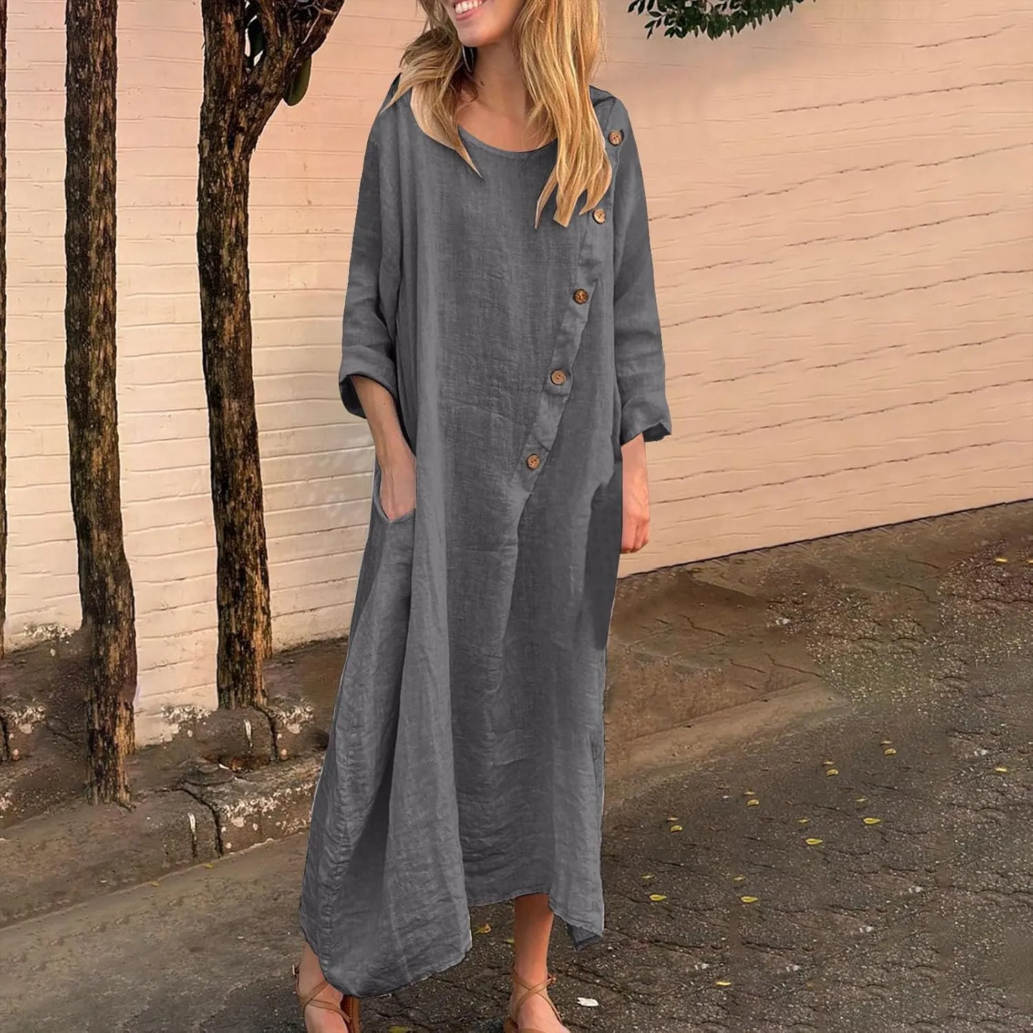 JOAU Women Cotton Linen Maxi Dress Casual Summer Long Sleeve Crew Neck Irregular Button A-Line Shirt Dresses with Pockets