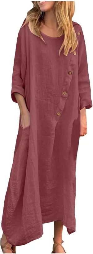 JOAU Women Cotton Linen Maxi Dress Casual Summer Long Sleeve Crew Neck Irregular Button A-Line Shirt Dresses with Pockets