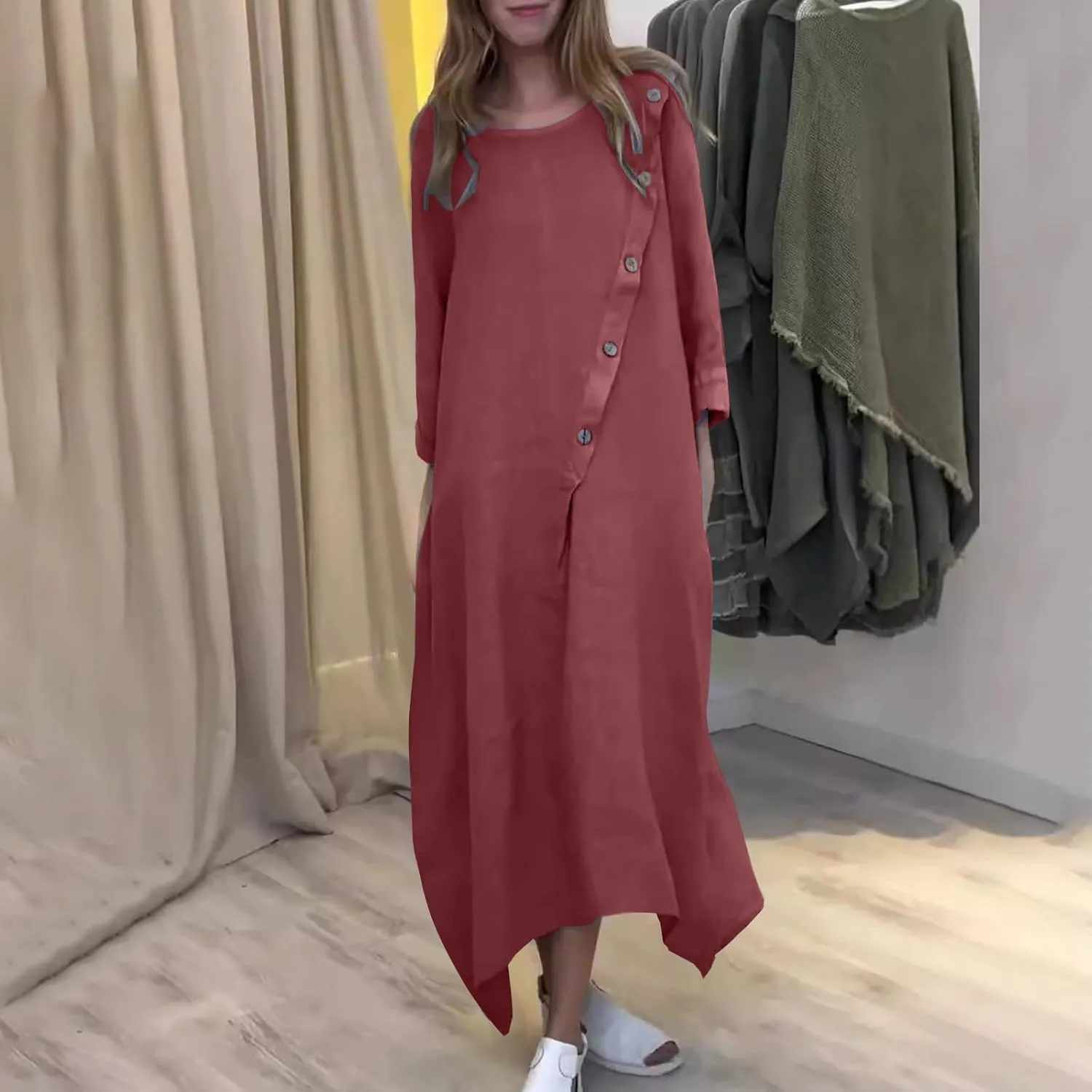 JOAU Women Cotton Linen Maxi Dress Casual Summer Long Sleeve Crew Neck Irregular Button A-Line Shirt Dresses with Pockets