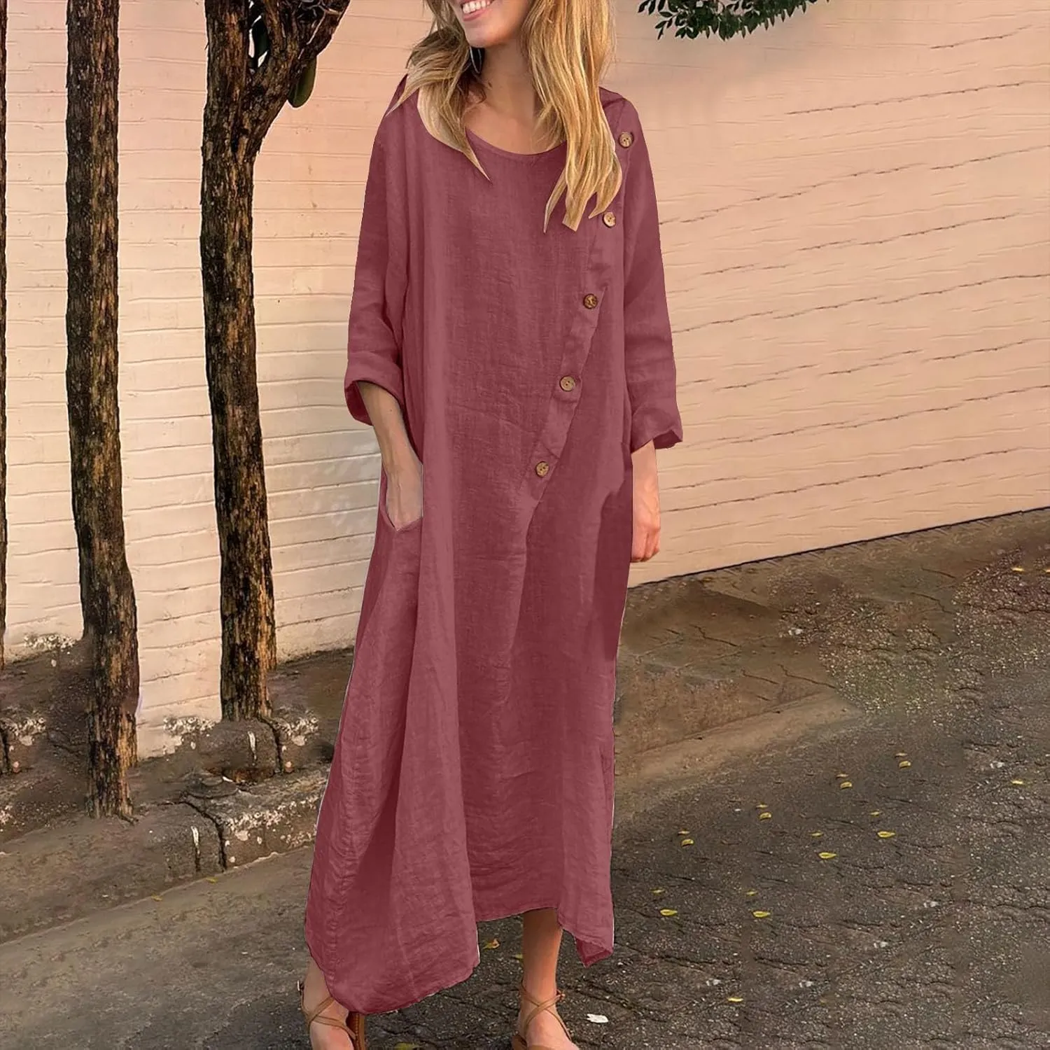 JOAU Women Cotton Linen Maxi Dress Casual Summer Long Sleeve Crew Neck Irregular Button A-Line Shirt Dresses with Pockets