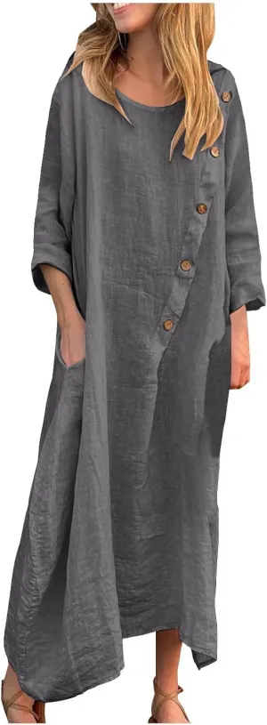 JOAU Women Cotton Linen Maxi Dress Casual Summer Long Sleeve Crew Neck Irregular Button A-Line Shirt Dresses with Pockets