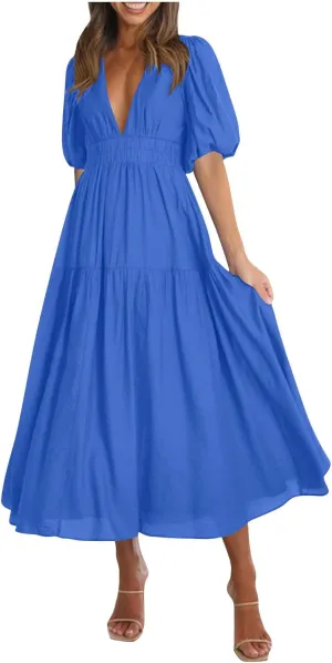 JOAU Women Summer Deep V Neck Maxi Dresses Casual Cute Puff Short Sleeve Flowy Ruffle Tiered A-line Boho Beach Vacation Dress