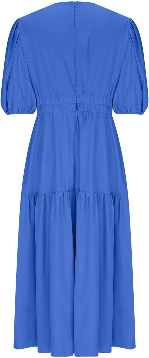 JOAU Women Summer Deep V Neck Maxi Dresses Casual Cute Puff Short Sleeve Flowy Ruffle Tiered A-line Boho Beach Vacation Dress
