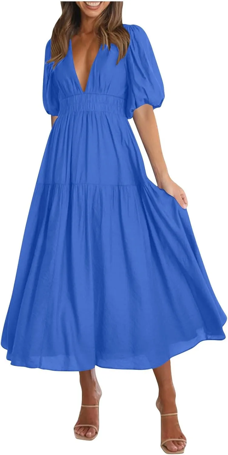 JOAU Women Summer Deep V Neck Maxi Dresses Casual Cute Puff Short Sleeve Flowy Ruffle Tiered A-line Boho Beach Vacation Dress