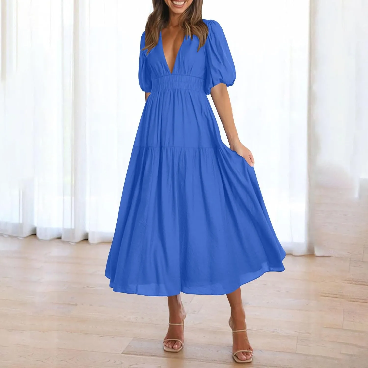 JOAU Women Summer Deep V Neck Maxi Dresses Casual Cute Puff Short Sleeve Flowy Ruffle Tiered A-line Boho Beach Vacation Dress