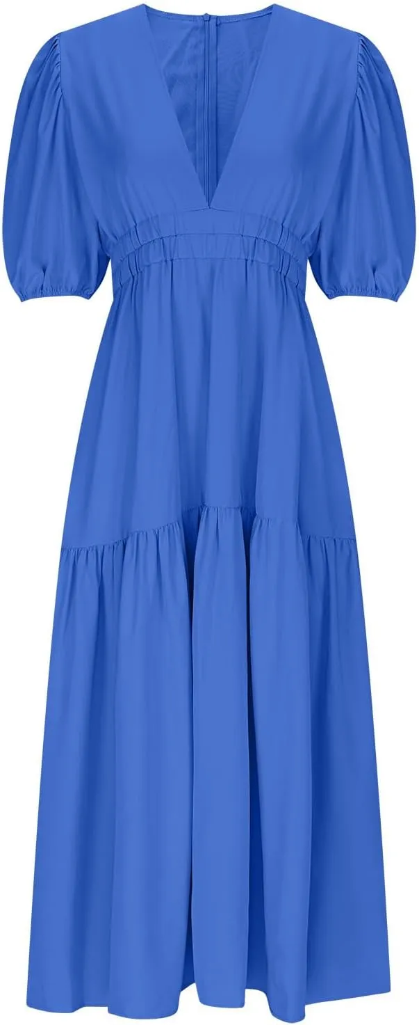 JOAU Women Summer Deep V Neck Maxi Dresses Casual Cute Puff Short Sleeve Flowy Ruffle Tiered A-line Boho Beach Vacation Dress