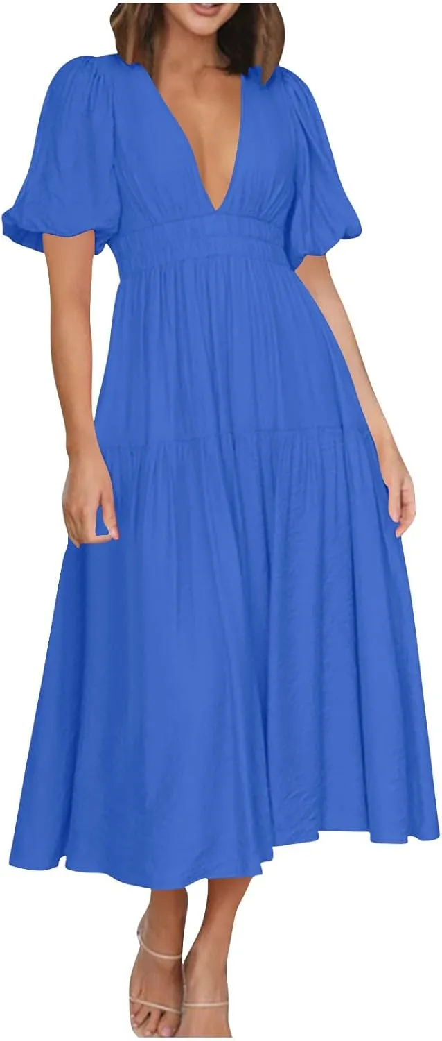 JOAU Women Summer Deep V Neck Maxi Dresses Casual Cute Puff Short Sleeve Flowy Ruffle Tiered A-line Boho Beach Vacation Dress