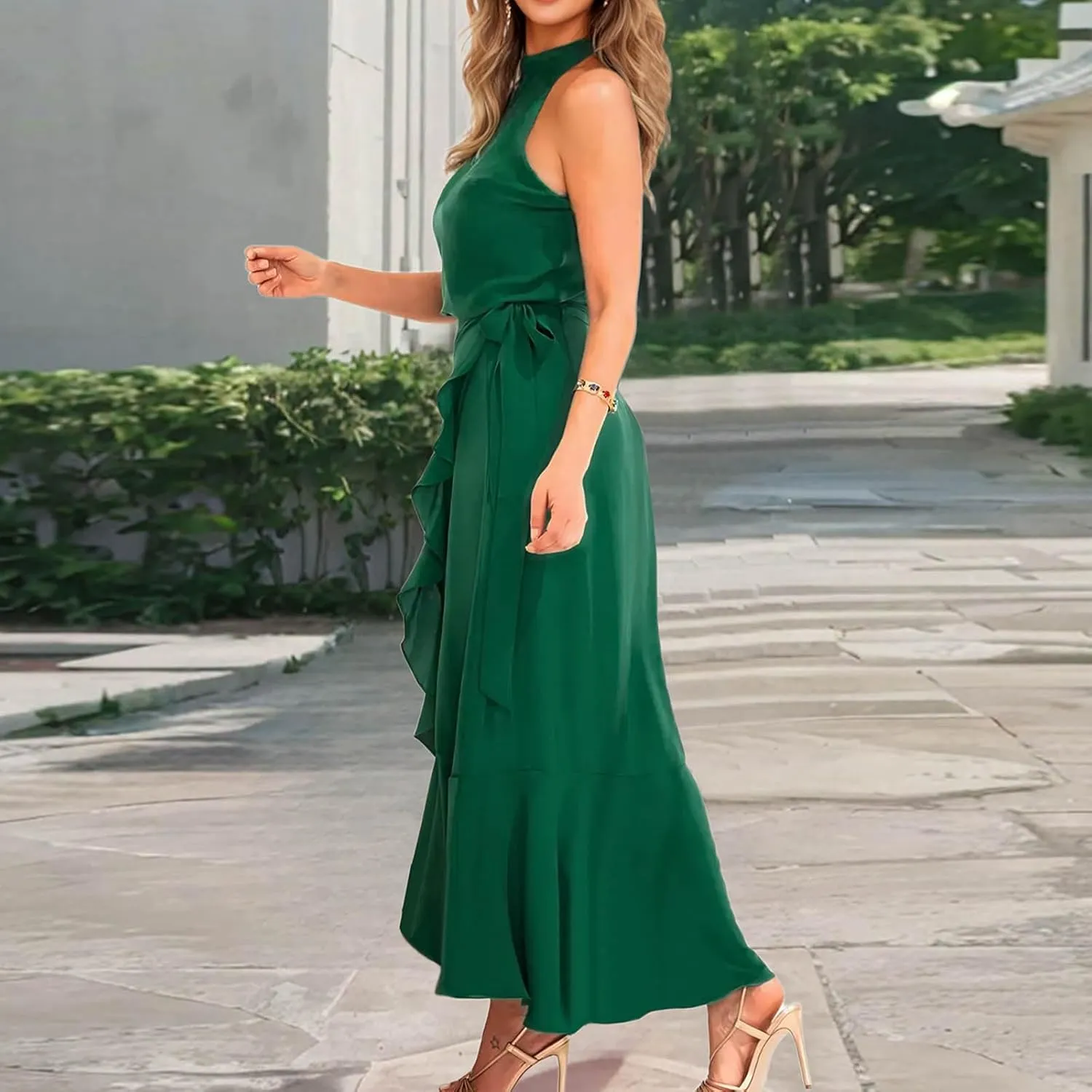JOAU Women's 2025 Summer Sleeveless Halter Neck Elegant Cocktail Dress Irregular Ruffle Hem Slit Flowy Belted Maxi Dresses