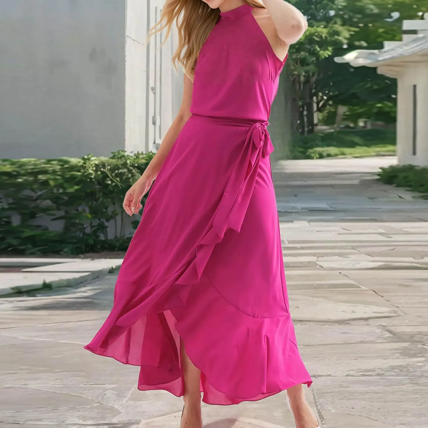 JOAU Women's 2025 Summer Sleeveless Halter Neck Elegant Cocktail Dress Irregular Ruffle Hem Slit Flowy Belted Maxi Dresses