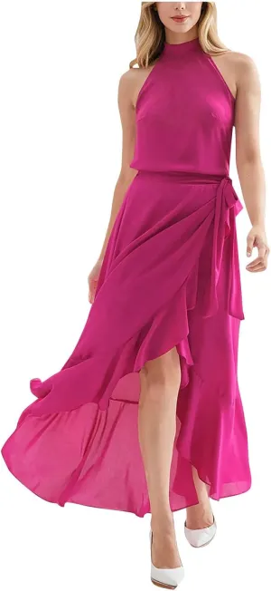 JOAU Women's 2025 Summer Sleeveless Halter Neck Elegant Cocktail Dress Irregular Ruffle Hem Slit Flowy Belted Maxi Dresses