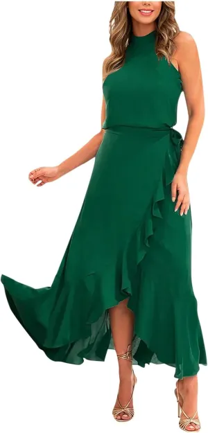 JOAU Women's 2025 Summer Sleeveless Halter Neck Elegant Cocktail Dress Irregular Ruffle Hem Slit Flowy Belted Maxi Dresses