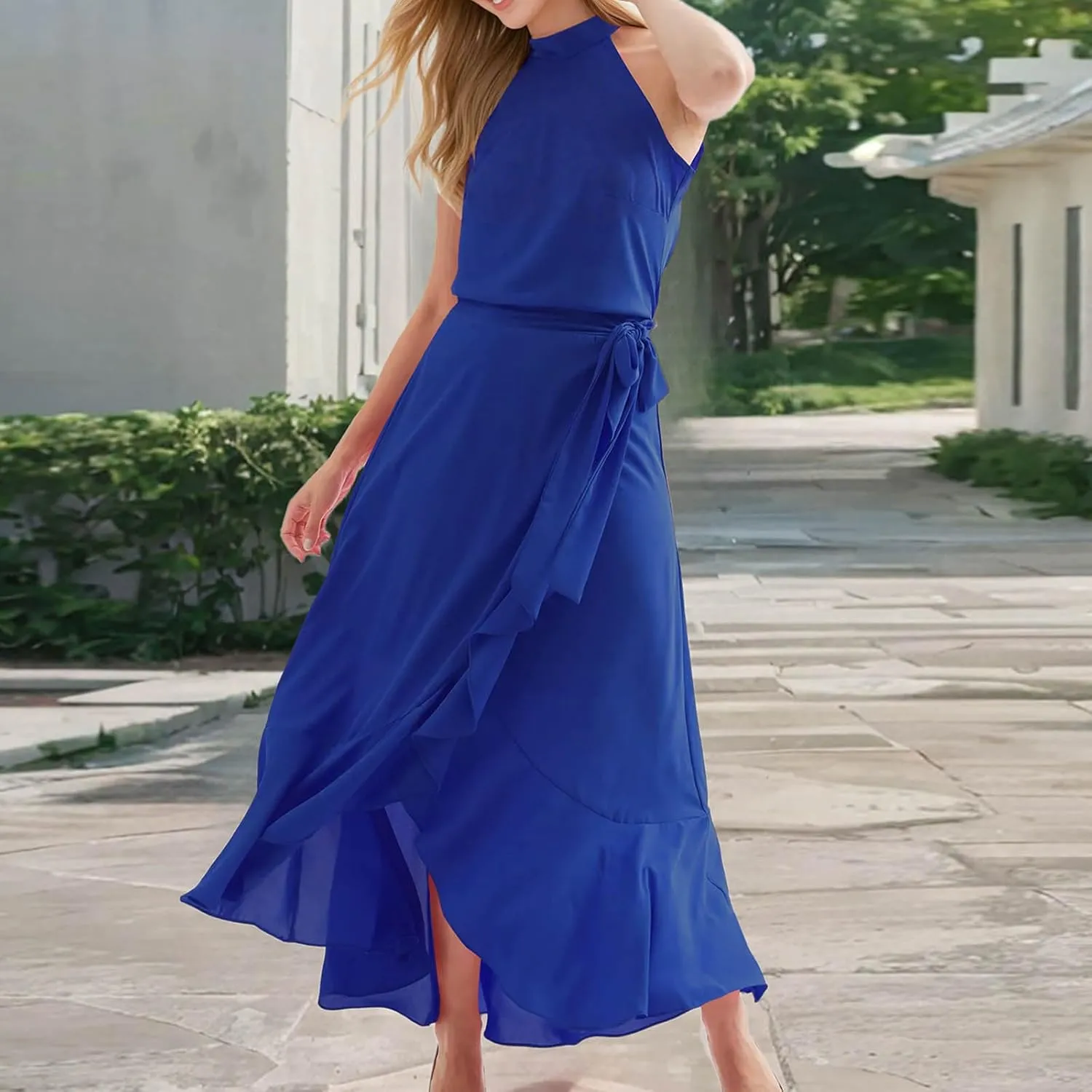 JOAU Women's 2025 Summer Sleeveless Halter Neck Elegant Cocktail Dress Irregular Ruffle Hem Slit Flowy Belted Maxi Dresses