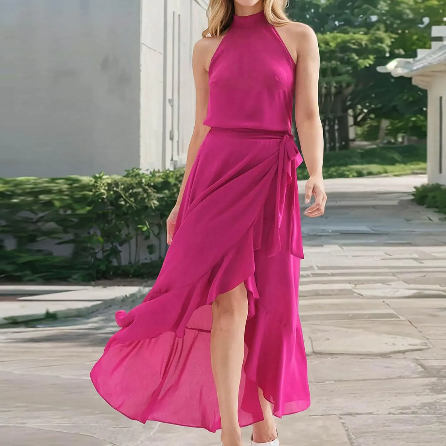 JOAU Women's 2025 Summer Sleeveless Halter Neck Elegant Cocktail Dress Irregular Ruffle Hem Slit Flowy Belted Maxi Dresses