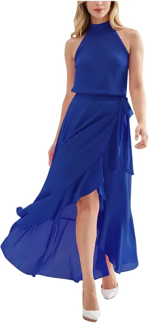JOAU Women's 2025 Summer Sleeveless Halter Neck Elegant Cocktail Dress Irregular Ruffle Hem Slit Flowy Belted Maxi Dresses