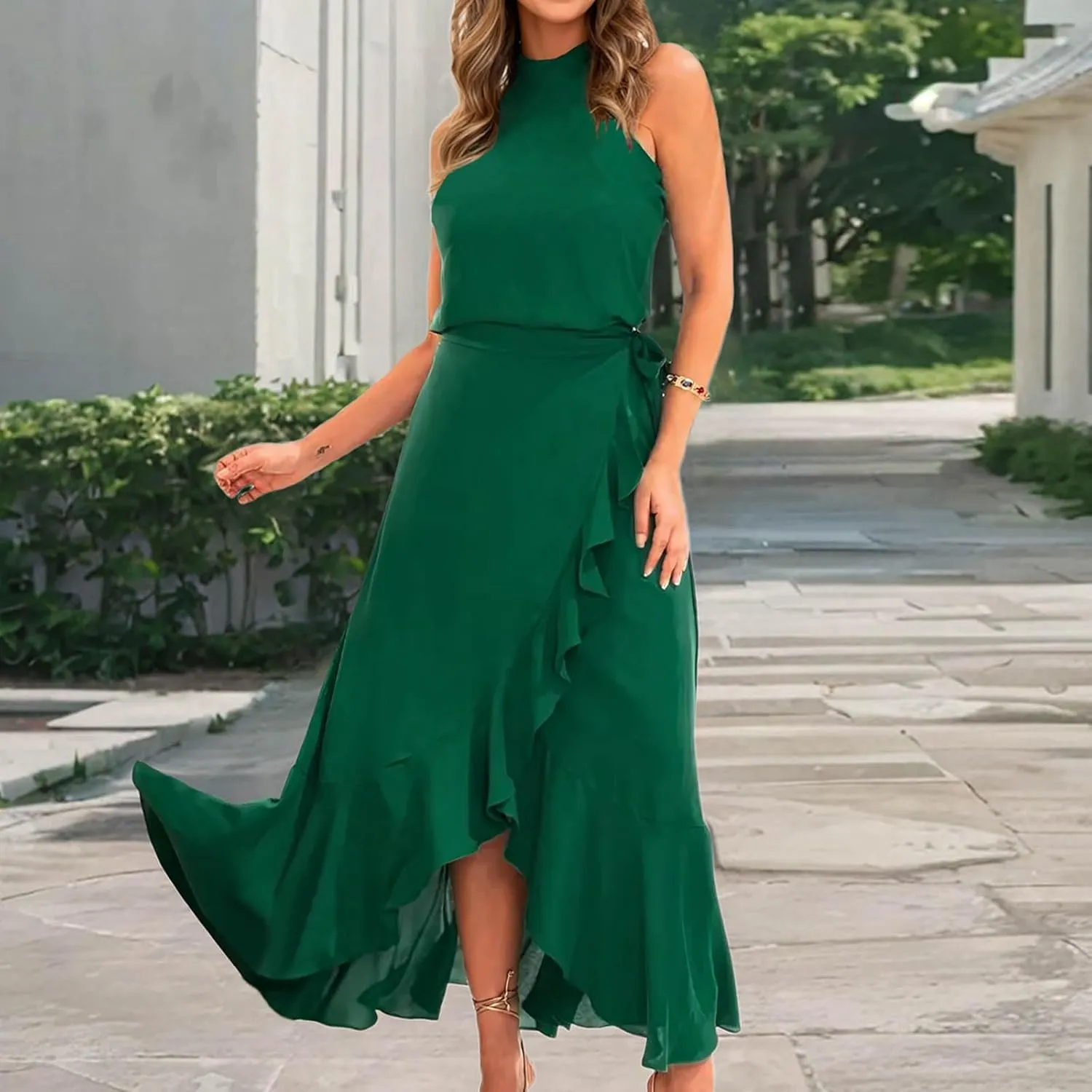 JOAU Women's 2025 Summer Sleeveless Halter Neck Elegant Cocktail Dress Irregular Ruffle Hem Slit Flowy Belted Maxi Dresses