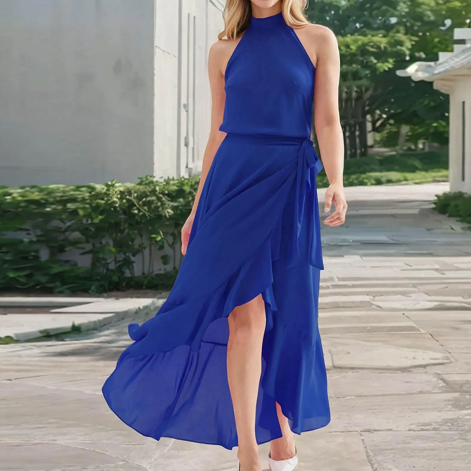 JOAU Women's 2025 Summer Sleeveless Halter Neck Elegant Cocktail Dress Irregular Ruffle Hem Slit Flowy Belted Maxi Dresses