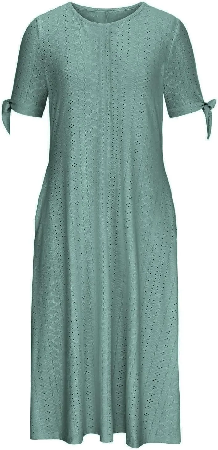 JOAU Womens Boho Hollow Out Eyelet Midi Dress Summer Crew Neck Tie Knot Slit Short Sleeve Vacation Beach Dresses with Pockets