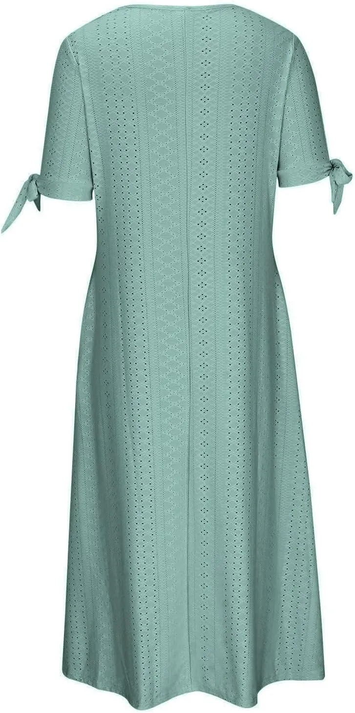 JOAU Womens Boho Hollow Out Eyelet Midi Dress Summer Crew Neck Tie Knot Slit Short Sleeve Vacation Beach Dresses with Pockets