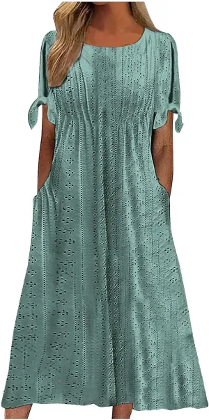 JOAU Womens Boho Hollow Out Eyelet Midi Dress Summer Crew Neck Tie Knot Slit Short Sleeve Vacation Beach Dresses with Pockets