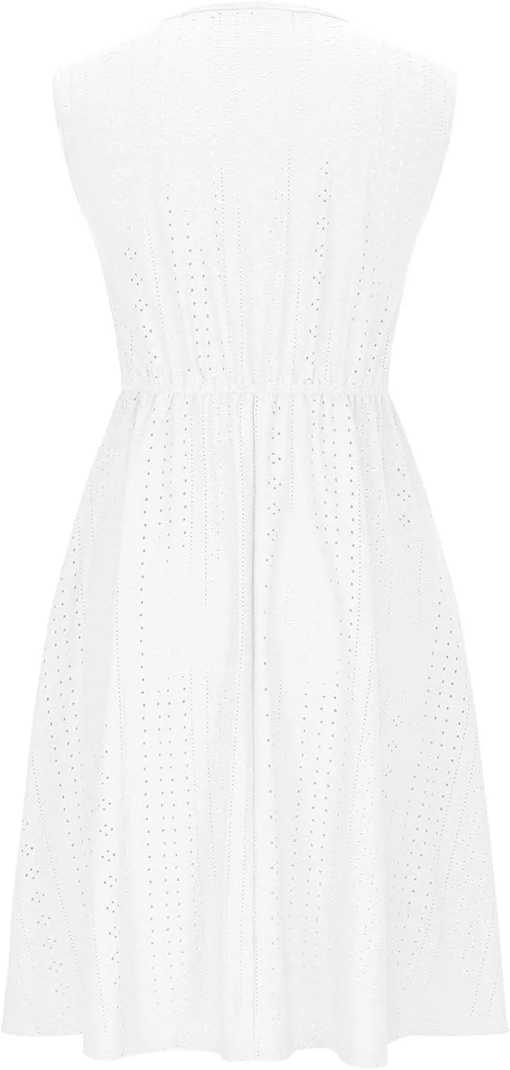 JOAU Womens Sleeveless Sundress Summer Casual Crew Neck Eyelet Button Down Shirt Dress Flowy Beach Tank Dresses with Pockets