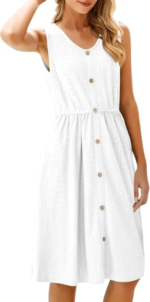 JOAU Womens Sleeveless Sundress Summer Casual Crew Neck Eyelet Button Down Shirt Dress Flowy Beach Tank Dresses with Pockets