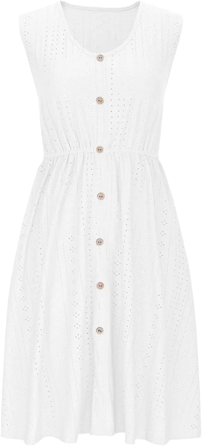 JOAU Womens Sleeveless Sundress Summer Casual Crew Neck Eyelet Button Down Shirt Dress Flowy Beach Tank Dresses with Pockets