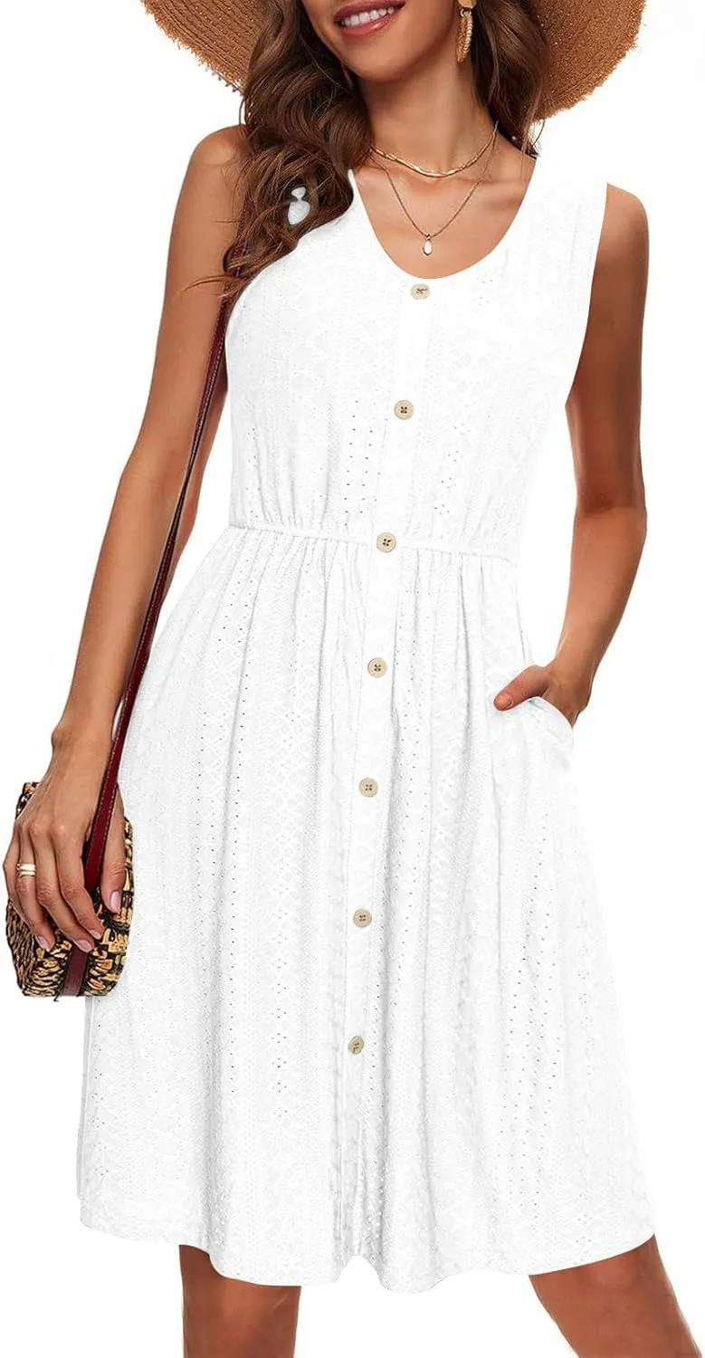 JOAU Womens Sleeveless Sundress Summer Casual Crew Neck Eyelet Button Down Shirt Dress Flowy Beach Tank Dresses with Pockets