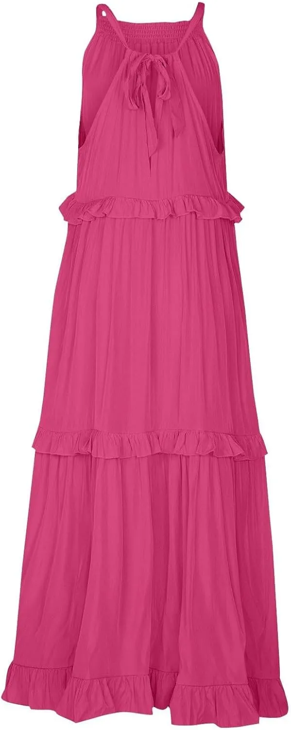 JOAU Womens Summer Boho Beach Maxi Dress Halter Neck Cut Out Tie Back A-Line Tiered Ruffle Flowy Long Sundress with Pockets