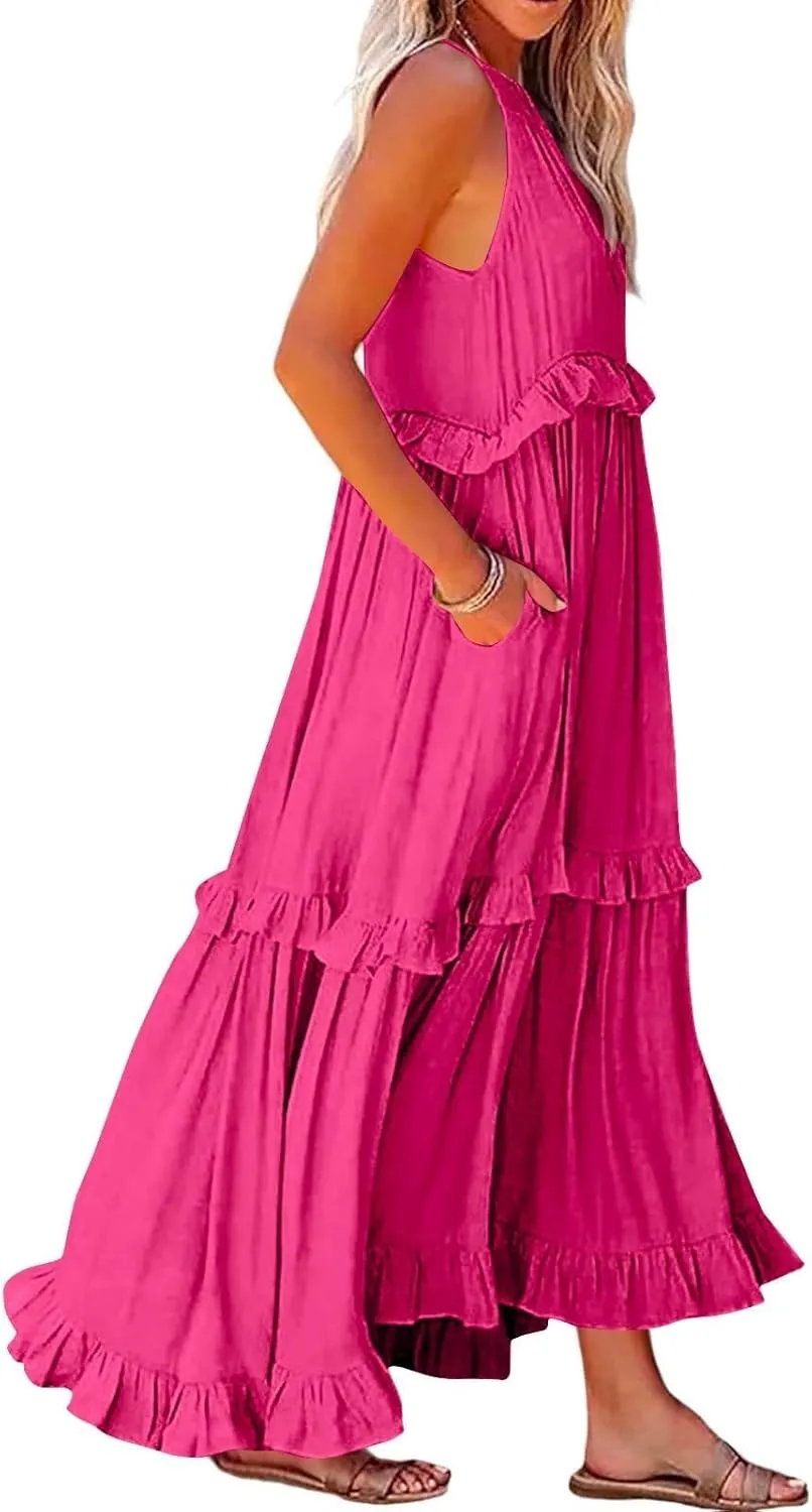 JOAU Womens Summer Boho Beach Maxi Dress Halter Neck Cut Out Tie Back A-Line Tiered Ruffle Flowy Long Sundress with Pockets