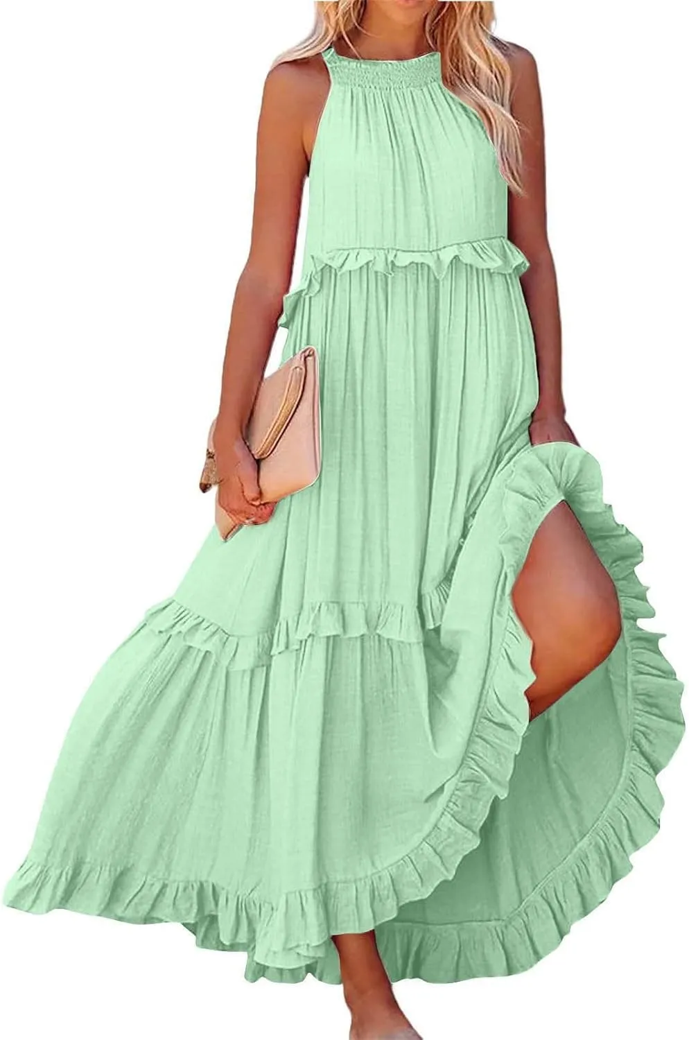 JOAU Womens Summer Boho Beach Maxi Dress Halter Neck Cut Out Tie Back A-Line Tiered Ruffle Flowy Long Sundress with Pockets