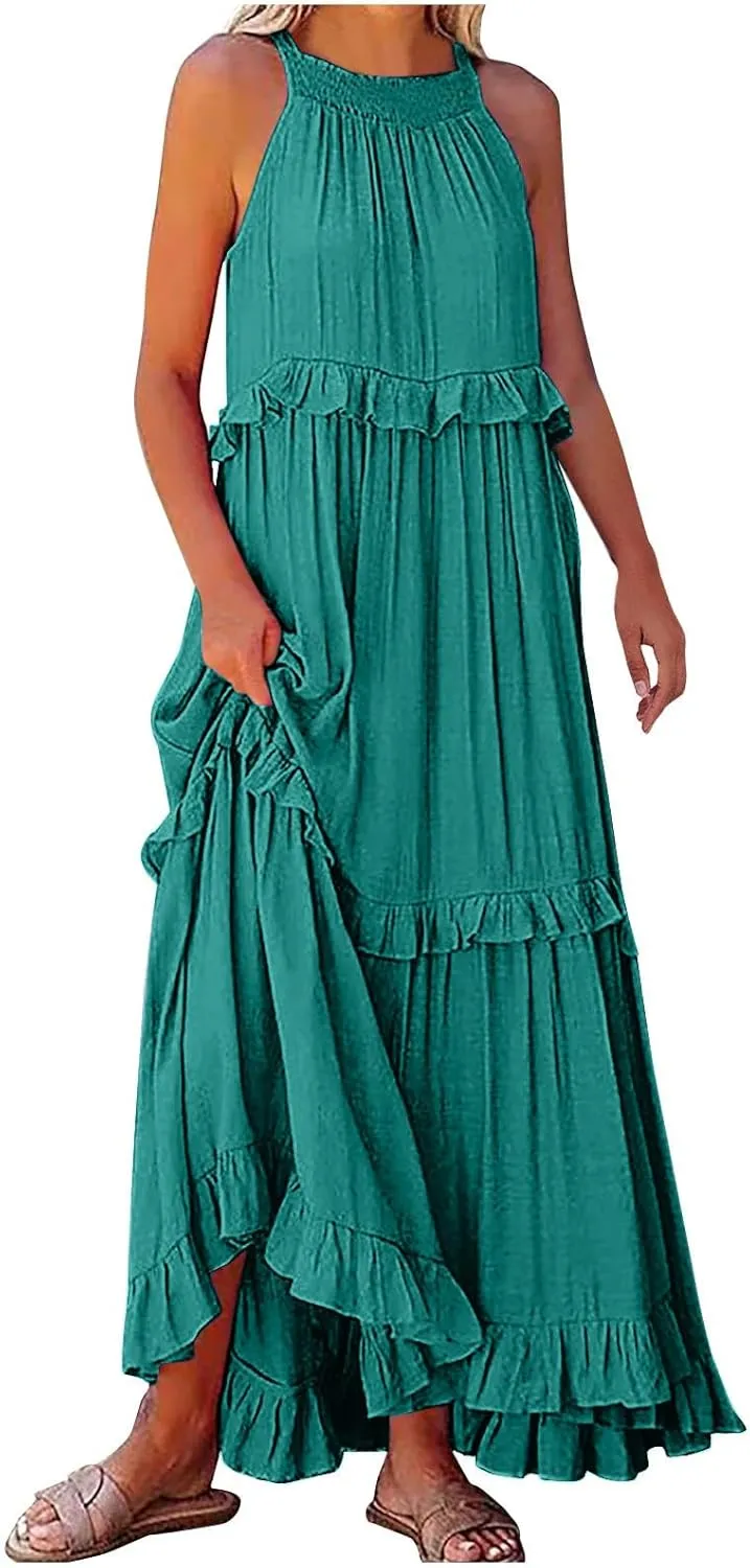 JOAU Womens Summer Boho Beach Maxi Dress Halter Neck Cut Out Tie Back A-Line Tiered Ruffle Flowy Long Sundress with Pockets