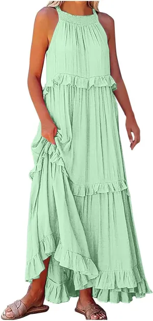 JOAU Womens Summer Boho Beach Maxi Dress Halter Neck Cut Out Tie Back A-Line Tiered Ruffle Flowy Long Sundress with Pockets