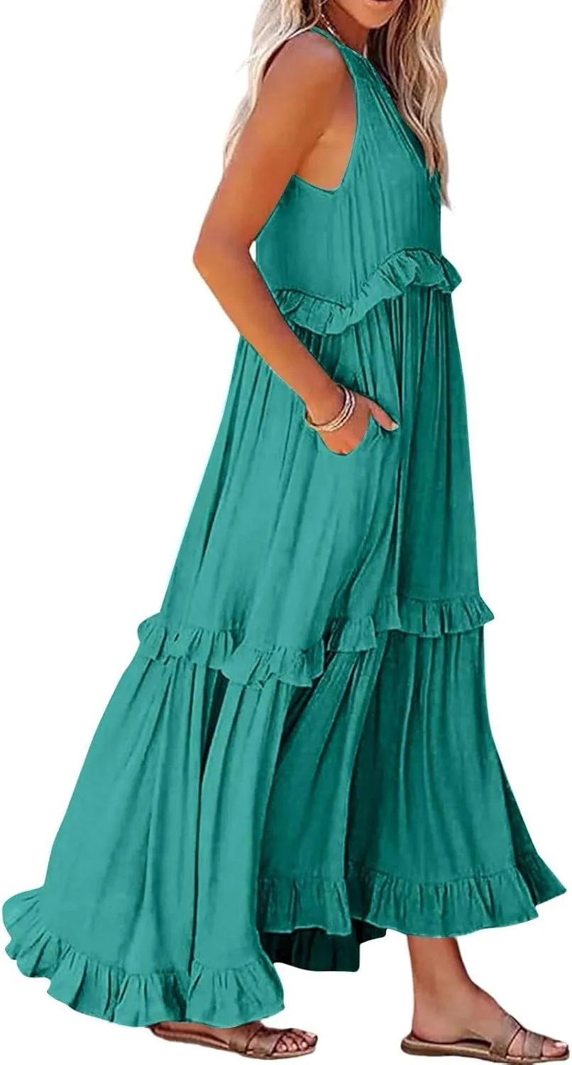 JOAU Womens Summer Boho Beach Maxi Dress Halter Neck Cut Out Tie Back A-Line Tiered Ruffle Flowy Long Sundress with Pockets