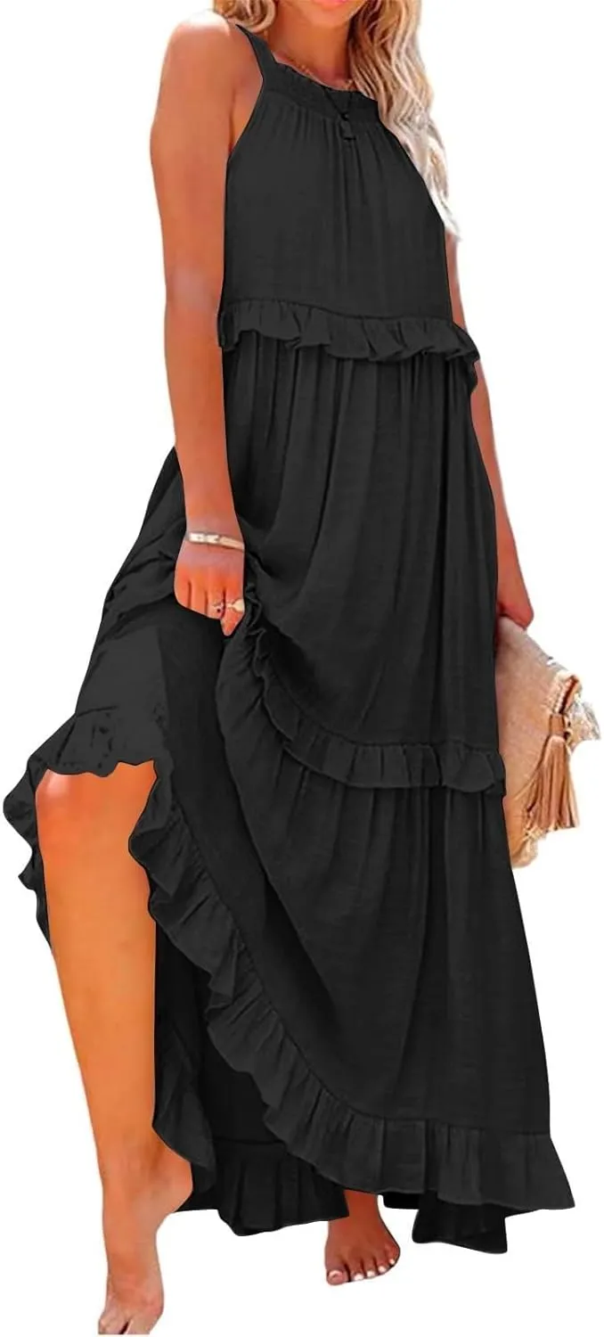 JOAU Womens Summer Boho Beach Maxi Dress Halter Neck Cut Out Tie Back A-Line Tiered Ruffle Flowy Long Sundress with Pockets