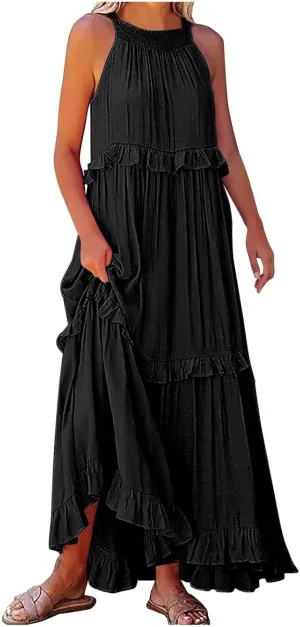 JOAU Womens Summer Boho Beach Maxi Dress Halter Neck Cut Out Tie Back A-Line Tiered Ruffle Flowy Long Sundress with Pockets