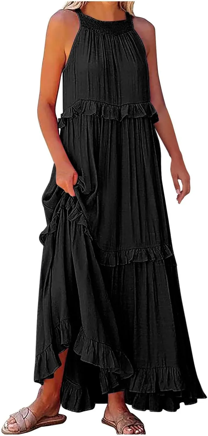 JOAU Womens Summer Boho Beach Maxi Dress Halter Neck Cut Out Tie Back A-Line Tiered Ruffle Flowy Long Sundress with Pockets