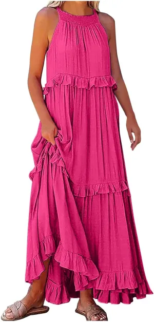JOAU Womens Summer Boho Beach Maxi Dress Halter Neck Cut Out Tie Back A-Line Tiered Ruffle Flowy Long Sundress with Pockets