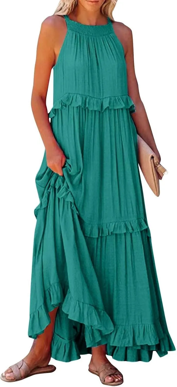JOAU Womens Summer Boho Beach Maxi Dress Halter Neck Cut Out Tie Back A-Line Tiered Ruffle Flowy Long Sundress with Pockets