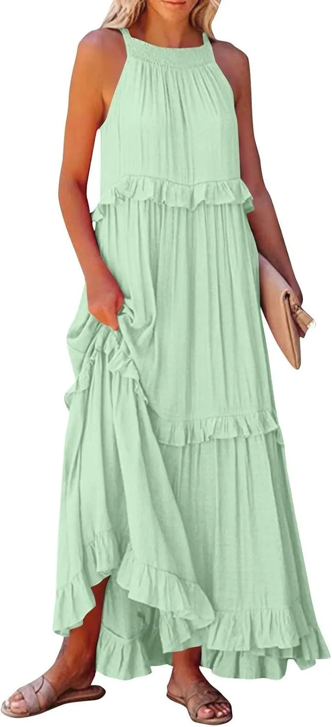 JOAU Womens Summer Boho Beach Maxi Dress Halter Neck Cut Out Tie Back A-Line Tiered Ruffle Flowy Long Sundress with Pockets