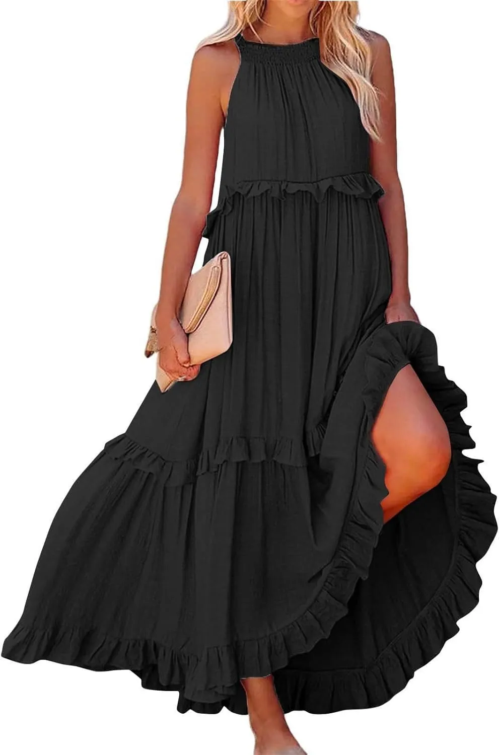 JOAU Womens Summer Boho Beach Maxi Dress Halter Neck Cut Out Tie Back A-Line Tiered Ruffle Flowy Long Sundress with Pockets