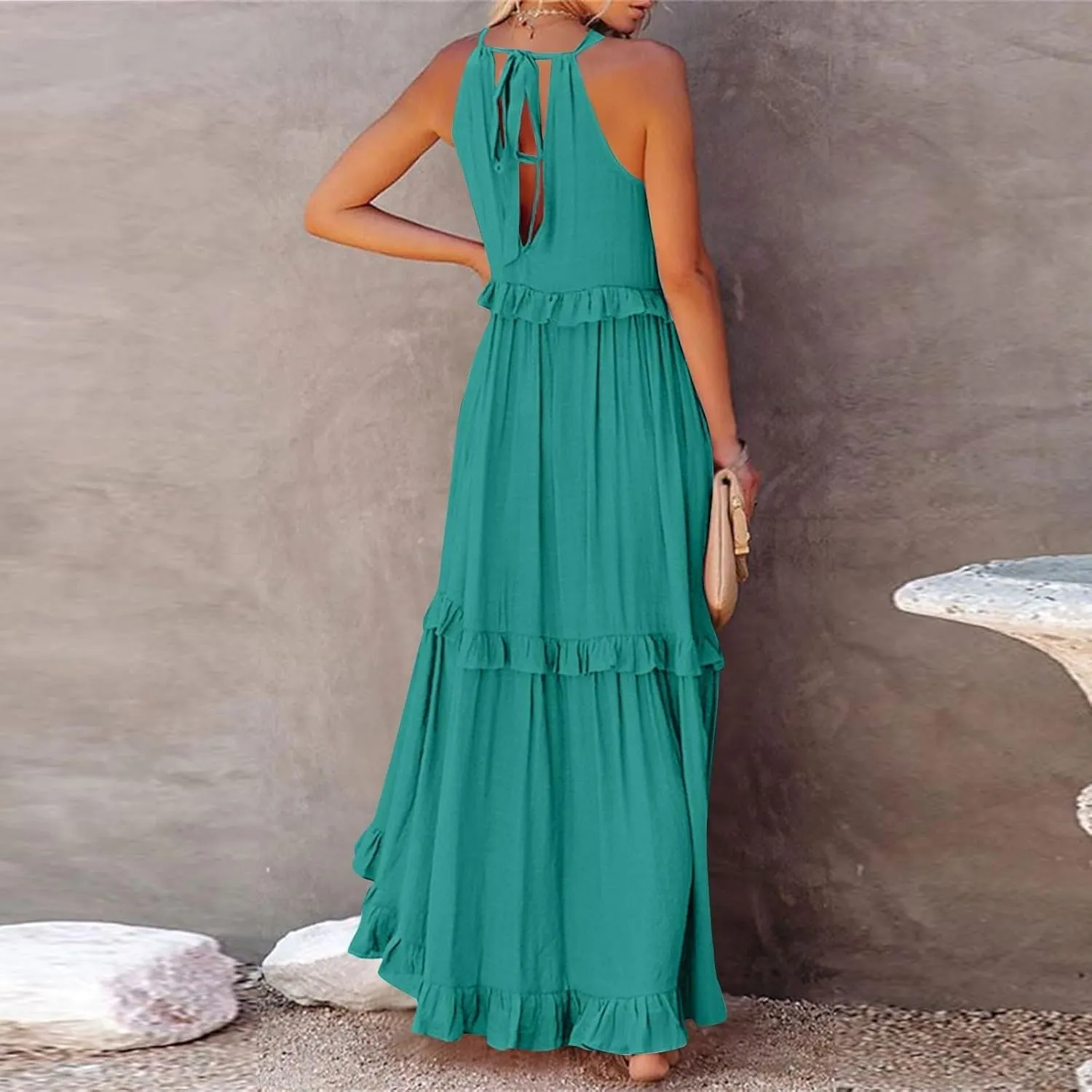 JOAU Womens Summer Boho Beach Maxi Dress Halter Neck Cut Out Tie Back A-Line Tiered Ruffle Flowy Long Sundress with Pockets
