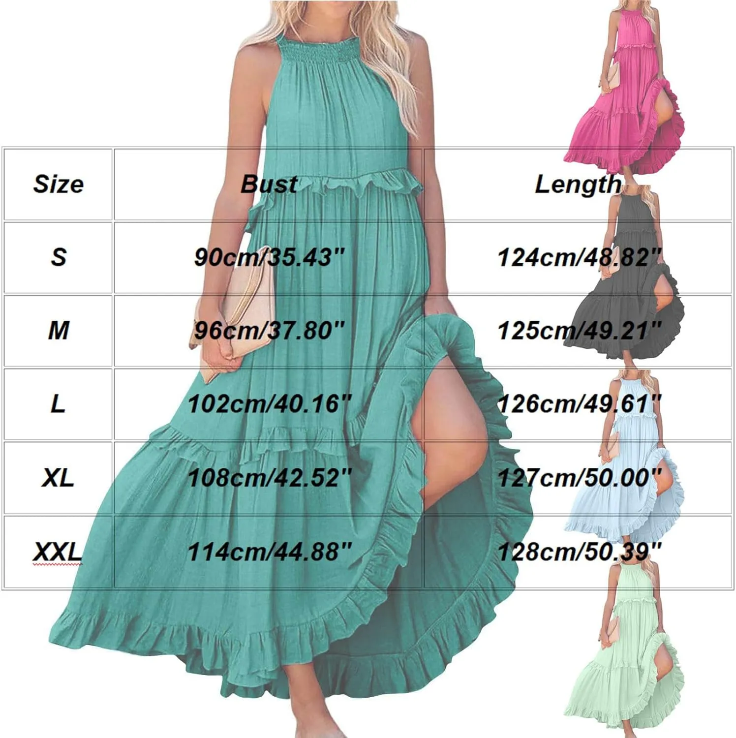 JOAU Womens Summer Boho Beach Maxi Dress Halter Neck Cut Out Tie Back A-Line Tiered Ruffle Flowy Long Sundress with Pockets