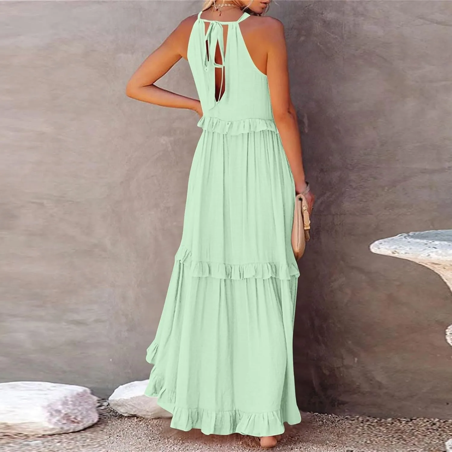 JOAU Womens Summer Boho Beach Maxi Dress Halter Neck Cut Out Tie Back A-Line Tiered Ruffle Flowy Long Sundress with Pockets
