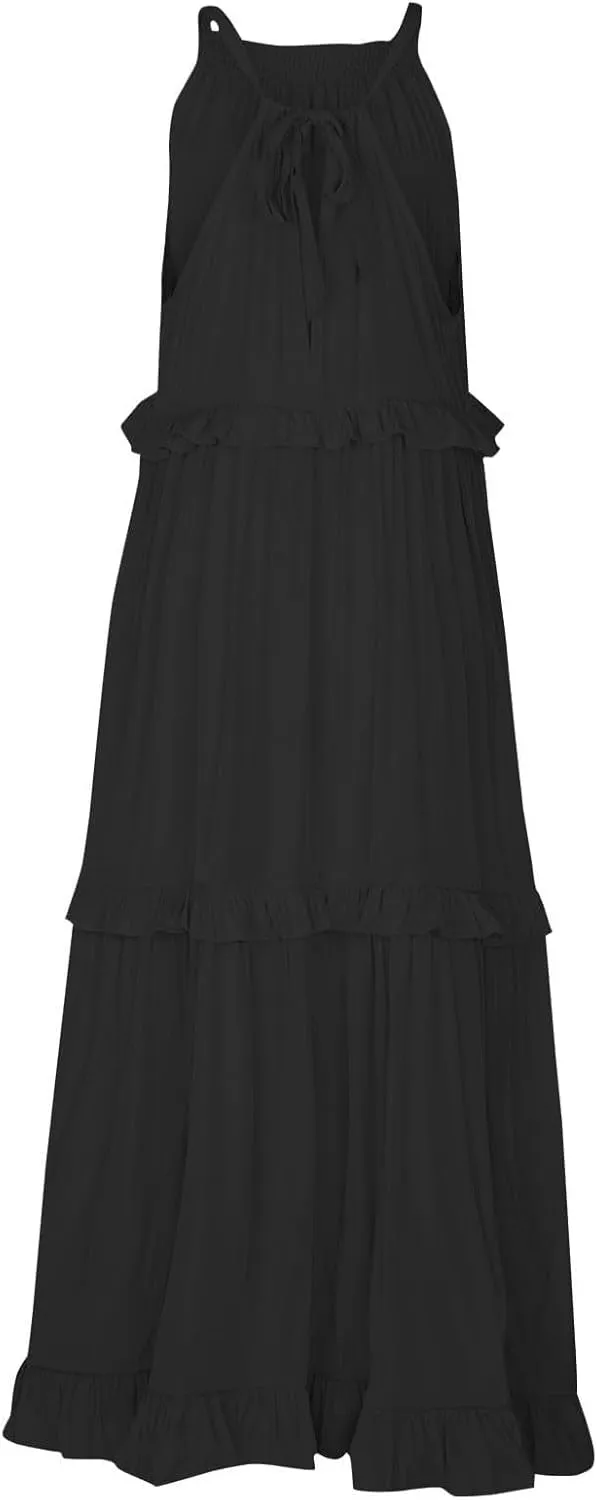 JOAU Womens Summer Boho Beach Maxi Dress Halter Neck Cut Out Tie Back A-Line Tiered Ruffle Flowy Long Sundress with Pockets
