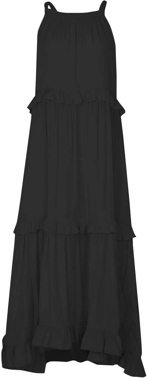 JOAU Womens Summer Boho Beach Maxi Dress Halter Neck Cut Out Tie Back A-Line Tiered Ruffle Flowy Long Sundress with Pockets