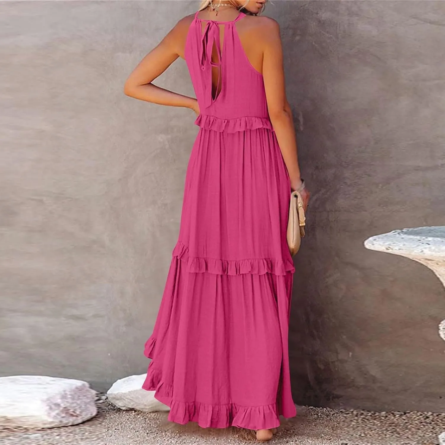 JOAU Womens Summer Boho Beach Maxi Dress Halter Neck Cut Out Tie Back A-Line Tiered Ruffle Flowy Long Sundress with Pockets
