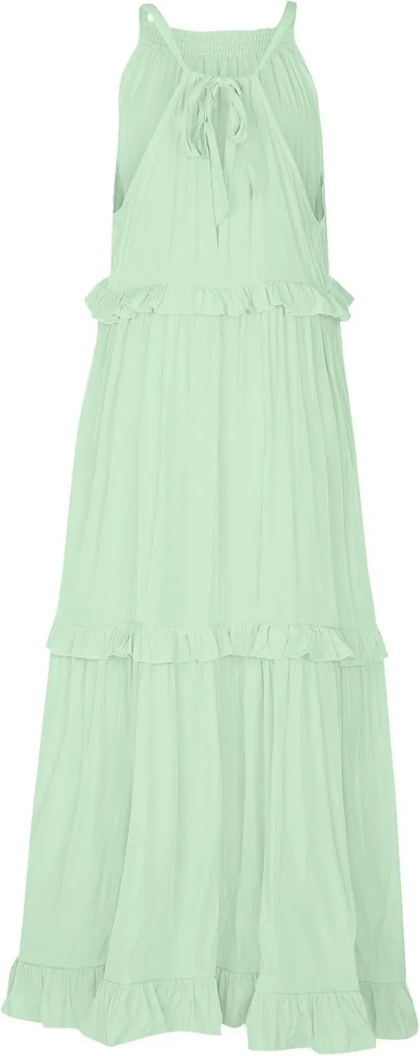 JOAU Womens Summer Boho Beach Maxi Dress Halter Neck Cut Out Tie Back A-Line Tiered Ruffle Flowy Long Sundress with Pockets