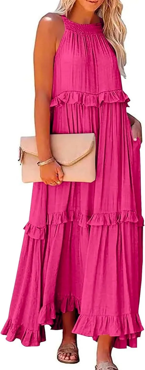 JOAU Womens Summer Boho Beach Maxi Dress Halter Neck Cut Out Tie Back A-Line Tiered Ruffle Flowy Long Sundress with Pockets